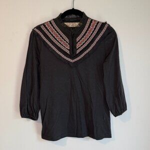 5 For $50🔥  Gray 3/4 Sleeve Blouse with Pink Ribbon/Lace High Neck Sz XS